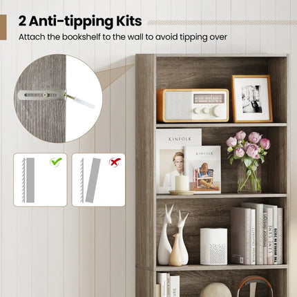 6-Tier Bookcase with 6 Open Shelves and Anti-Toppling Kits-Gray - Gray - Bookcases