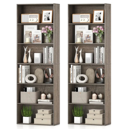 6-Tier Bookcase with 6 Open Shelves and Anti-Toppling Kits-Gray - Gray - Bookcases