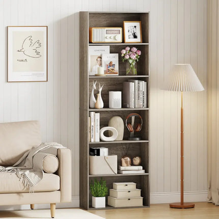 6-Tier Bookcase with 6 Open Shelves and Anti-Toppling Kits-Gray - Gray - Bookcases