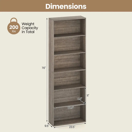 6-Tier Bookcase with 6 Open Shelves and Anti-Toppling Kits-Gray - Gray - Bookcases