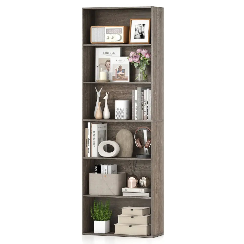 6-Tier Bookcase with 6 Open Shelves and Anti-Toppling Kits-Gray - Gray - Bookcases