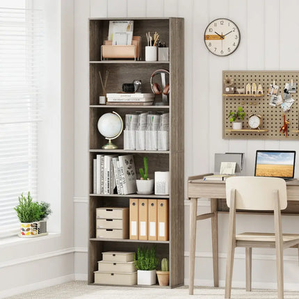 6-Tier Bookcase with 6 Open Shelves and Anti-Toppling Kits-Gray - Gray - Bookcases