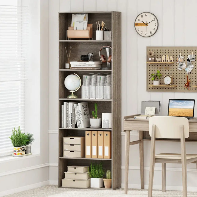 6-Tier Bookcase with 6 Open Shelves and Anti-Toppling Kits-Gray - Gray - Bookcases