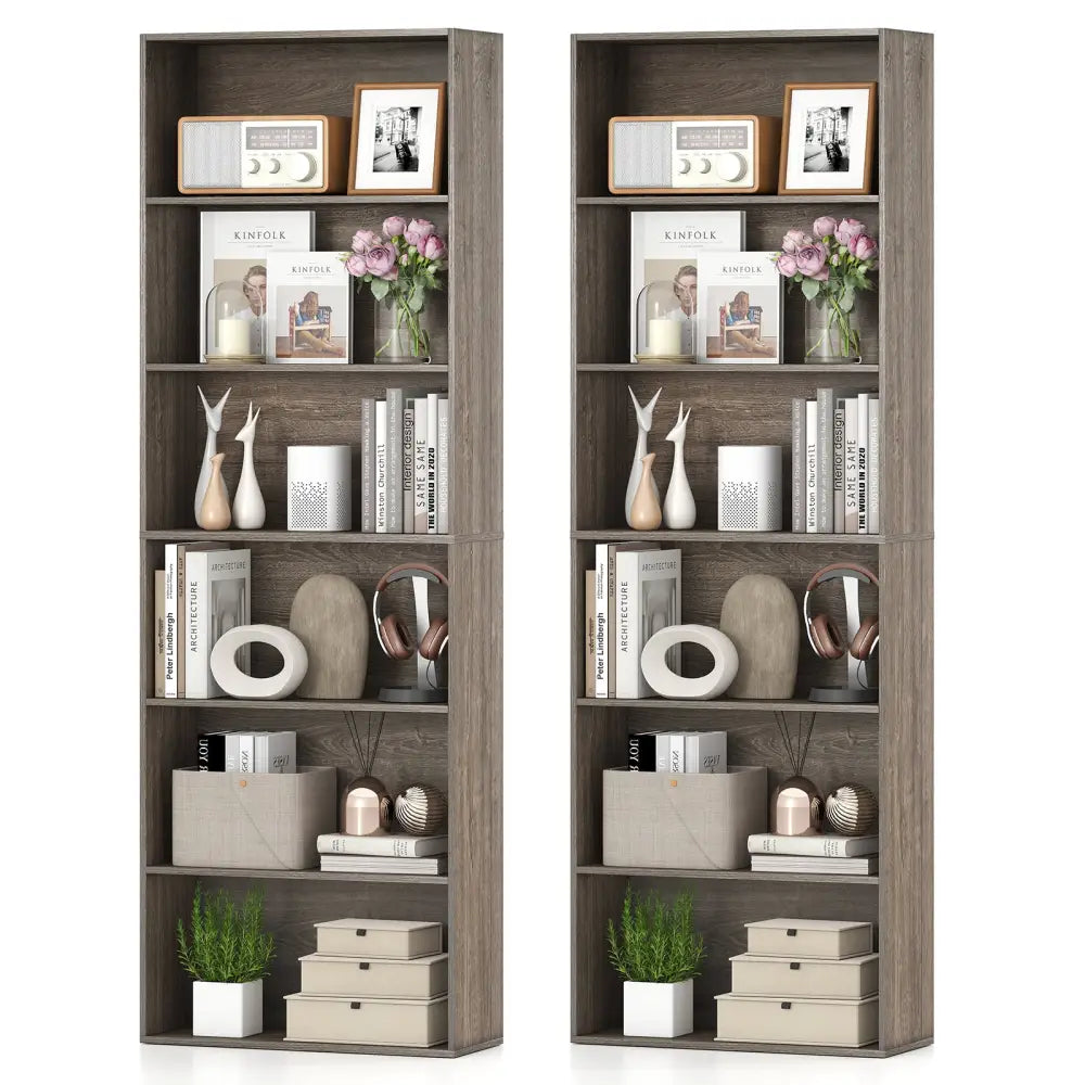 6-Tier Bookcase with 6 Open Shelves and Anti-Toppling Kits-Gray - Gray - Bookcases
