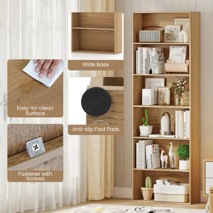 6-Tier Bookcase with 6 Open Shelves and Anti-Toppling Kits-Natural - Natural - Bookcases