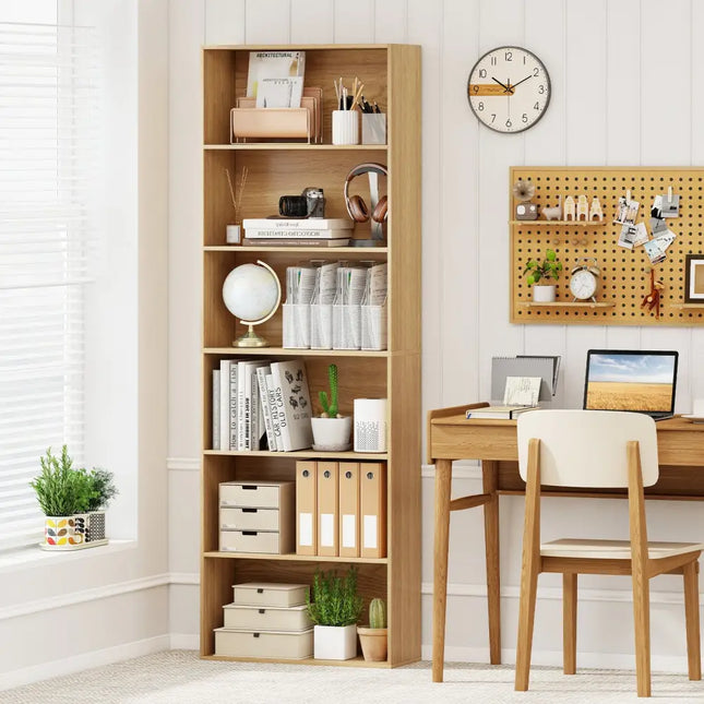 6-Tier Bookcase with 6 Open Shelves and Anti-Toppling Kits-Natural - Natural - Bookcases