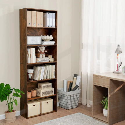 6-Tier Bookcase with 6 Open Shelves and Anti-Toppling Kits-Rustic Brown - Rustic Brown - Bookcases