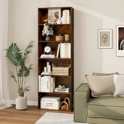6-Tier Bookcase with 6 Open Shelves and Anti-Toppling Kits-Rustic Brown - Rustic Brown - Bookcases