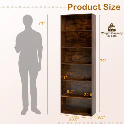 6-Tier Bookcase with 6 Open Shelves and Anti-Toppling Kits-Rustic Brown - Rustic Brown - Bookcases