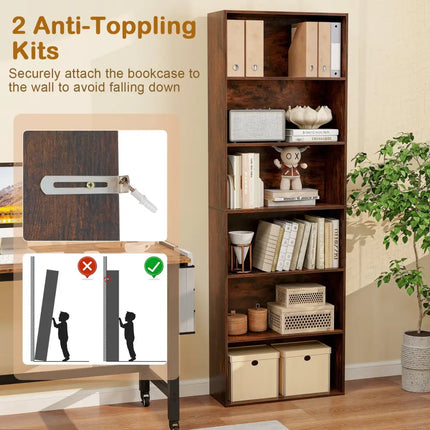 6-Tier Bookcase with 6 Open Shelves and Anti-Toppling Kits-Rustic Brown - Rustic Brown - Bookcases