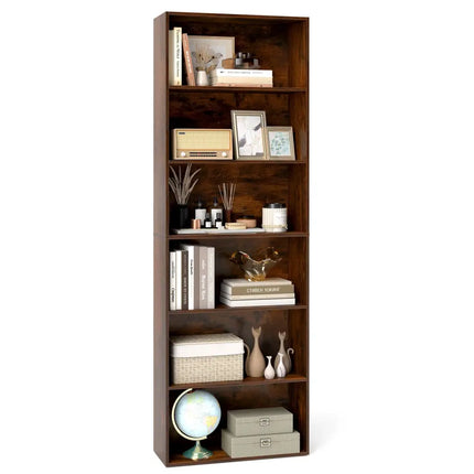 6-Tier Bookcase with 6 Open Shelves and Anti-Toppling Kits-Rustic Brown - Rustic Brown - Bookcases