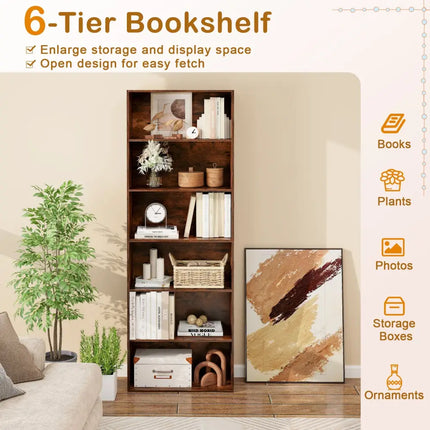 6-Tier Bookcase with 6 Open Shelves and Anti-Toppling Kits-Rustic Brown - Rustic Brown - Bookcases