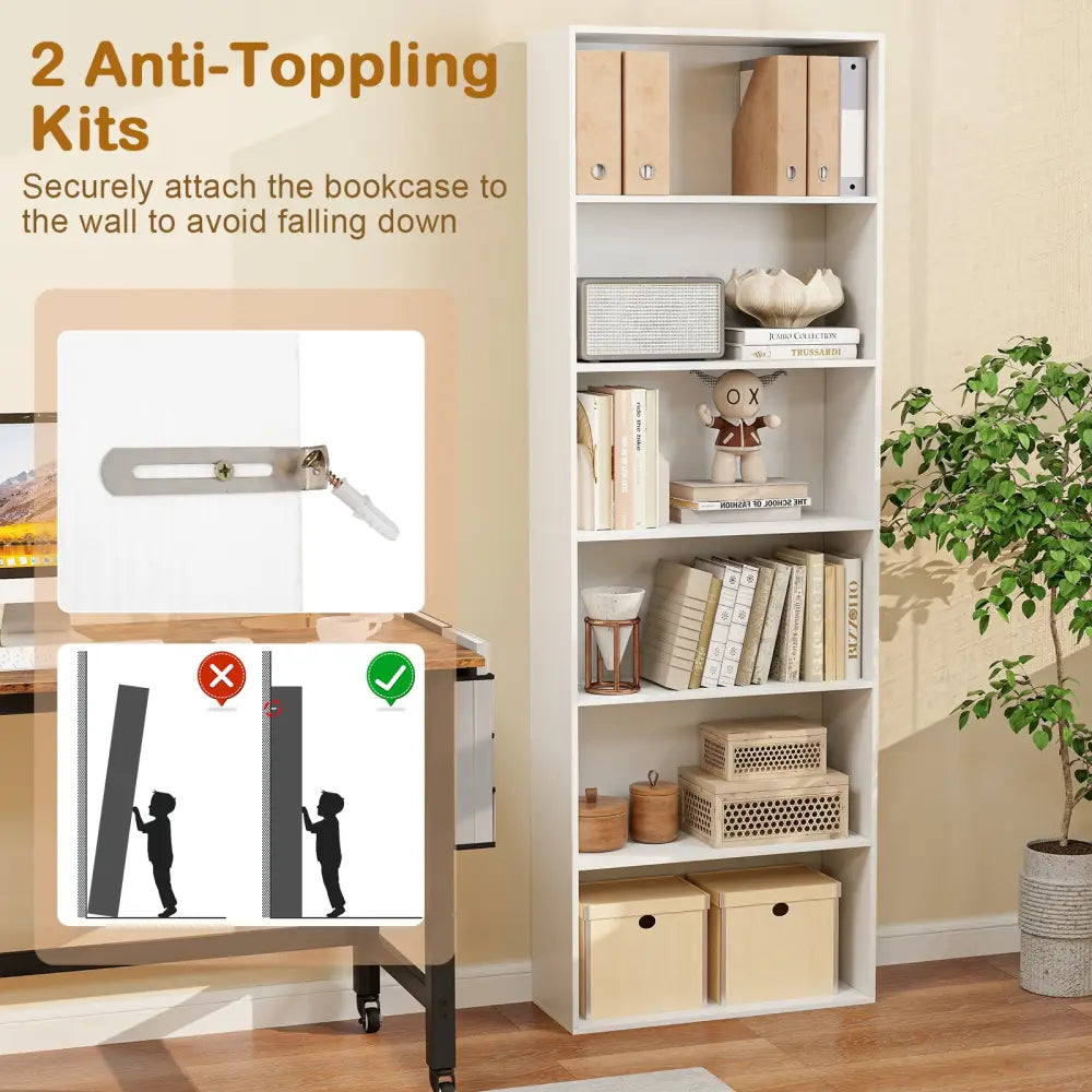 6-Tier Bookcase with 6 Open Shelves and Anti-Toppling Kits-White - White - Bookcases