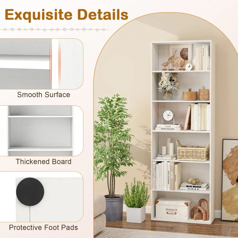6-Tier Bookcase with 6 Open Shelves and Anti-Toppling Kits-White - White - Bookcases