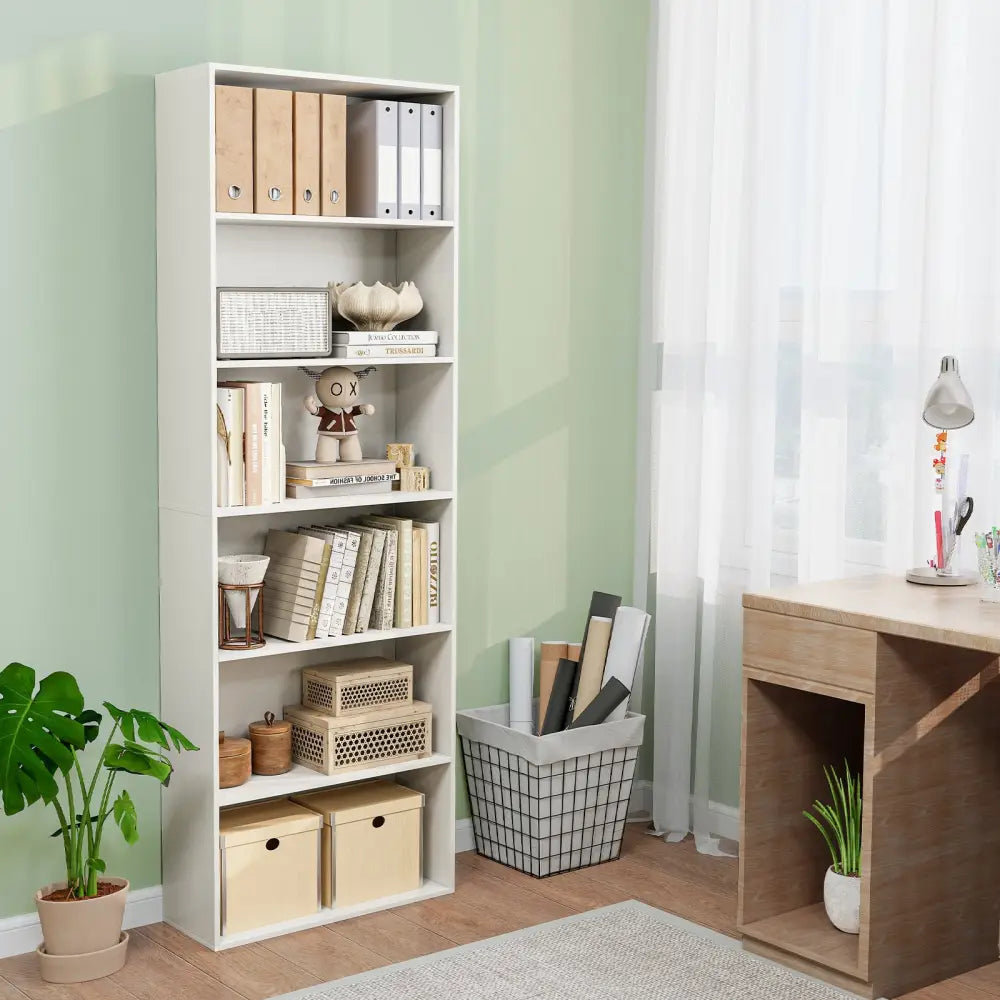 6-Tier Bookcase with 6 Open Shelves and Anti-Toppling Kits-White - White - Bookcases