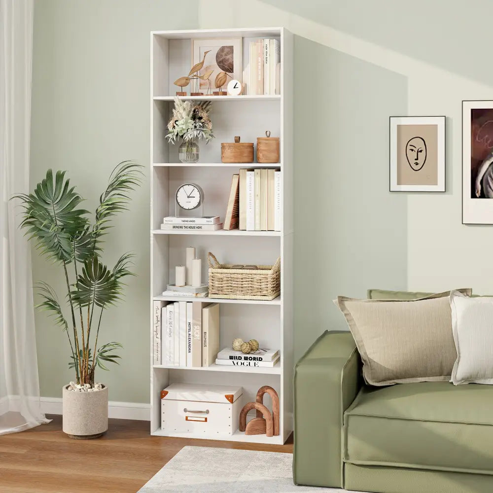 6-Tier Bookcase with 6 Open Shelves and Anti-Toppling Kits-White - White - Bookcases