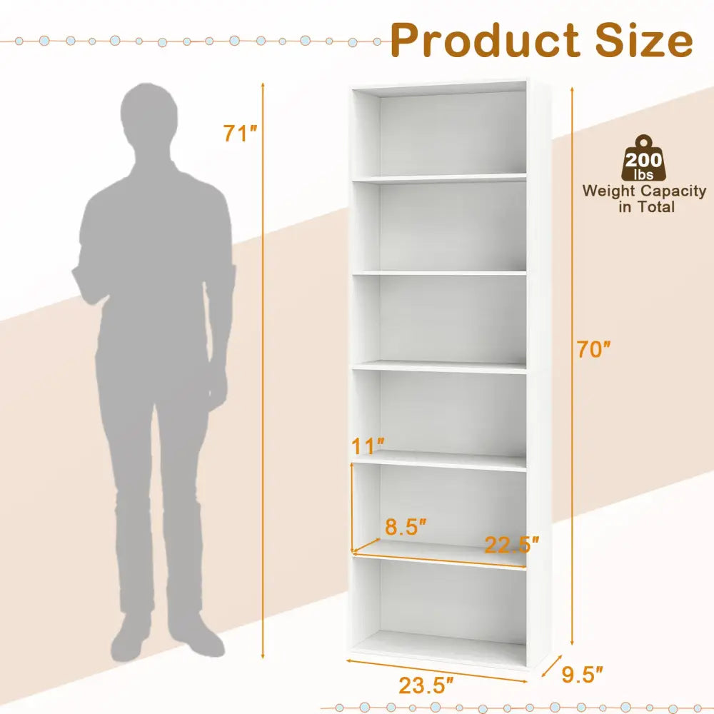 6-Tier Bookcase with 6 Open Shelves and Anti-Toppling Kits-White - White - Bookcases