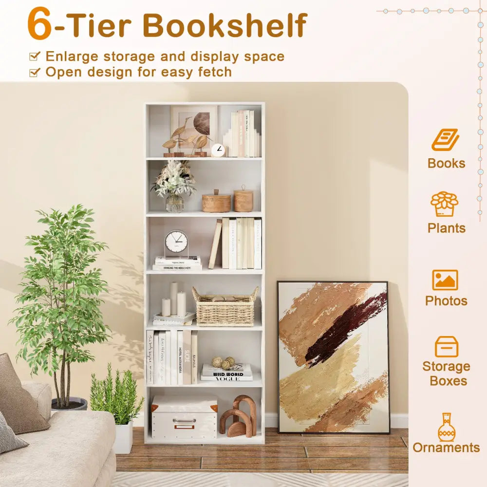 6-Tier Bookcase with 6 Open Shelves and Anti-Toppling Kits-White - White - Bookcases