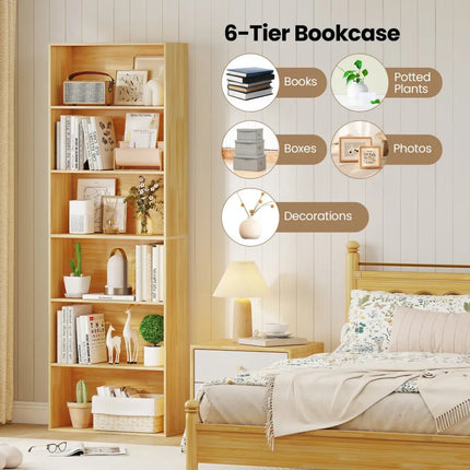 6-Tier Bookcase with 6 Open Shelves and Anti-Toppling Kits-Wood - Wood - Bookcases