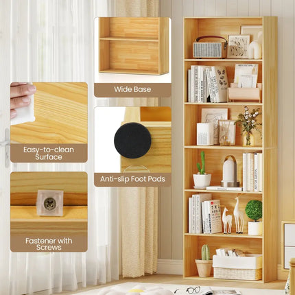6-Tier Bookcase with 6 Open Shelves and Anti-Toppling Kits-Wood - Wood - Bookcases