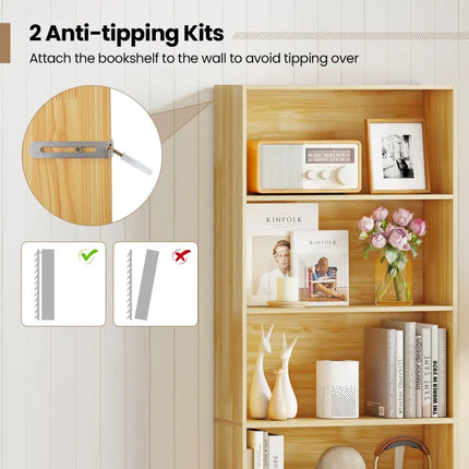6-Tier Bookcase with 6 Open Shelves and Anti-Toppling Kits-Wood - Wood - Bookcases