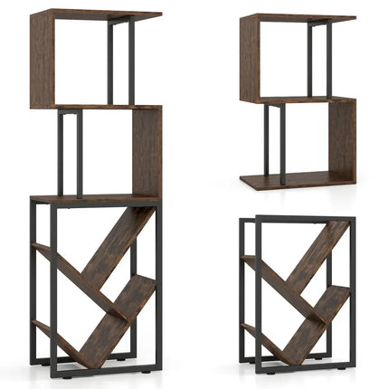 6-Tier Bookshelf Floor Standing Tree S-Shaped Geometric Bookcase with Open Shelves-Brown - Brown - Bookcases