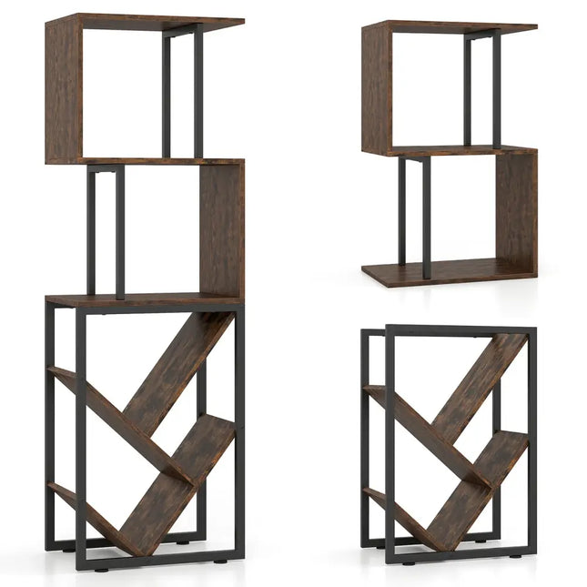 6-Tier Bookshelf Floor Standing Tree S-Shaped Geometric Bookcase with Open Shelves-Brown - Brown - Bookcases