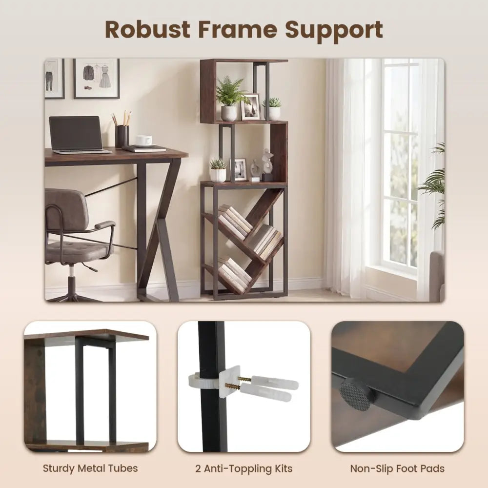 6-Tier Bookshelf Floor Standing Tree S-Shaped Geometric Bookcase with Open Shelves-Brown - Brown - Bookcases