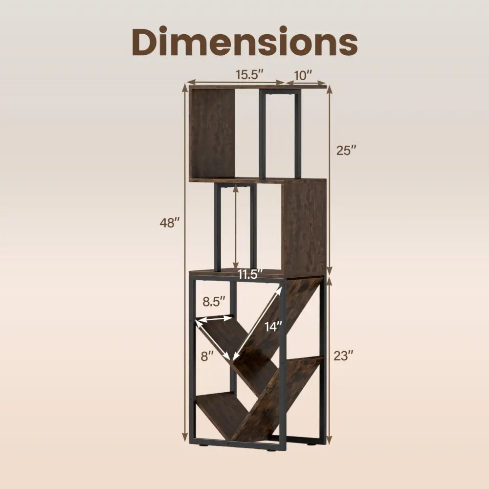 6-Tier Bookshelf Floor Standing Tree S-Shaped Geometric Bookcase with Open Shelves-Brown - Brown - Bookcases
