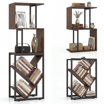 6-Tier Bookshelf Floor Standing Tree S-Shaped Geometric Bookcase with Open Shelves-Brown - Brown - Bookcases