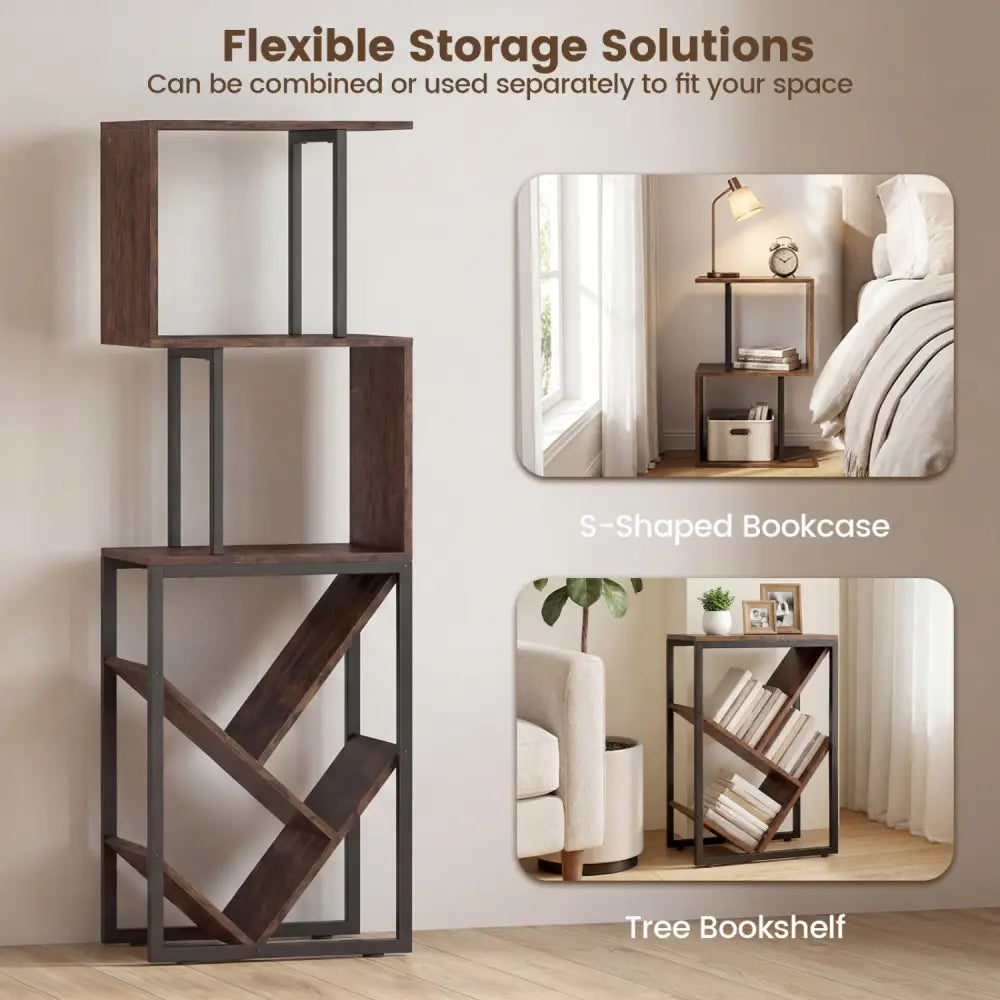 6-Tier Bookshelf Floor Standing Tree S-Shaped Geometric Bookcase with Open Shelves-Brown - Brown - Bookcases