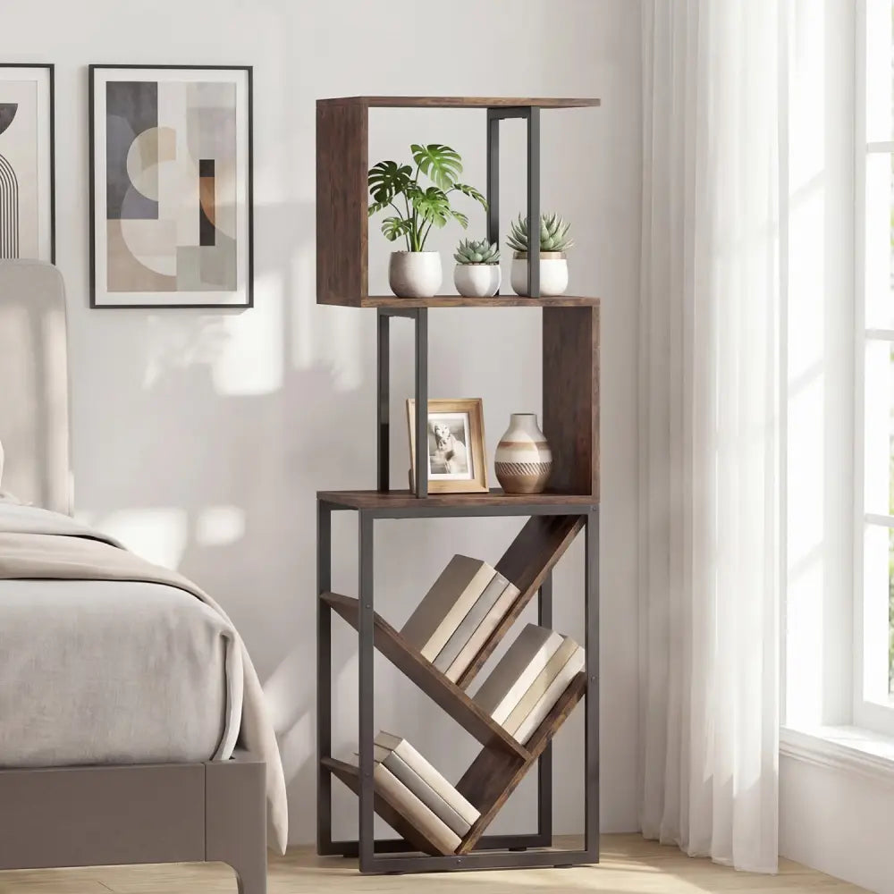 6-Tier Bookshelf Floor Standing Tree S-Shaped Geometric Bookcase with Open Shelves-Brown - Brown - Bookcases