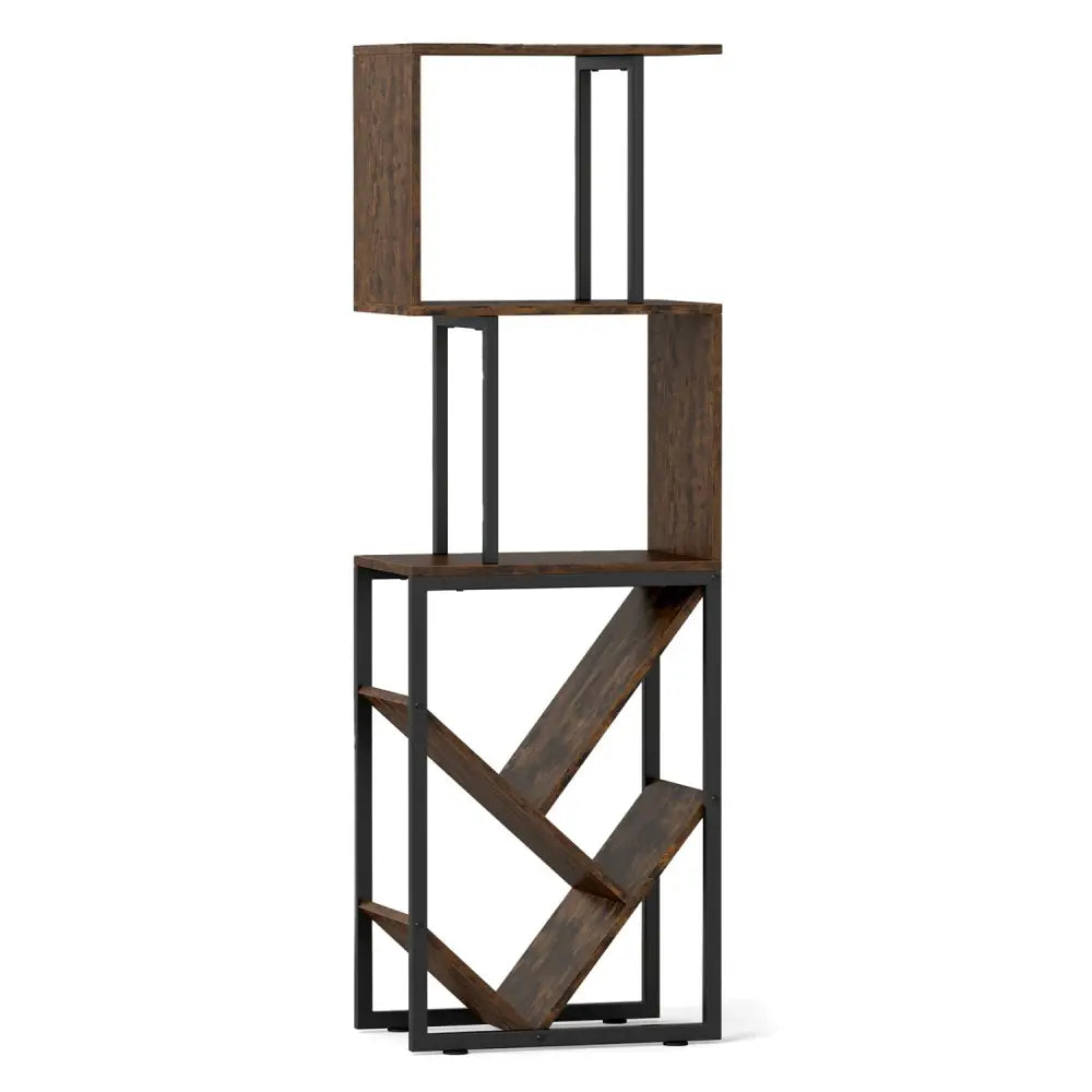 6-Tier Bookshelf Floor Standing Tree S-Shaped Geometric Bookcase with Open Shelves-Brown - Brown - Bookcases