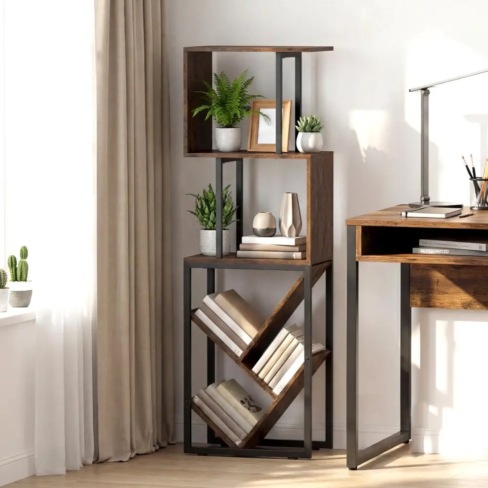 6-Tier Bookshelf Floor Standing Tree S-Shaped Geometric Bookcase with Open Shelves-Brown - Brown - Bookcases