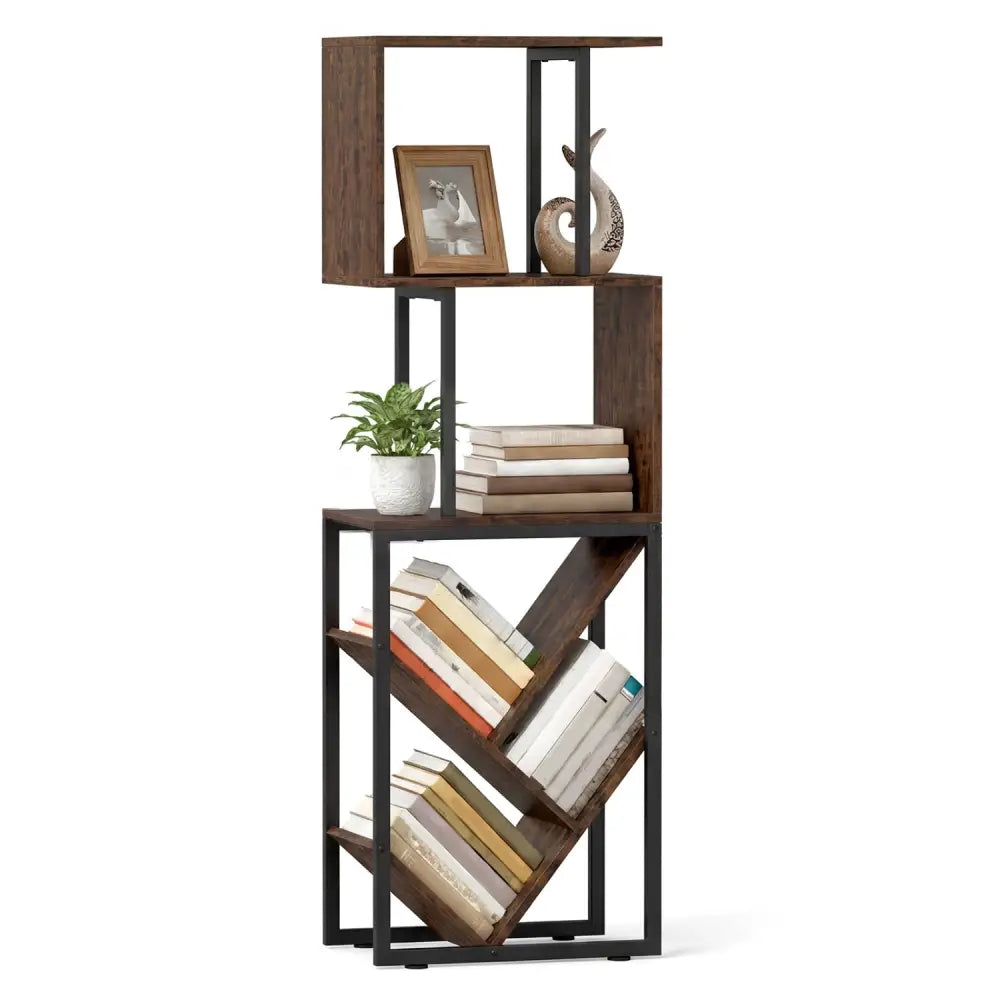 6-Tier Bookshelf Floor Standing Tree S-Shaped Geometric Bookcase with Open Shelves-Brown - Brown - Bookcases