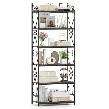 6-Tier Bookshelf Industrial Bookcase with 2 Anti-Tipping Kits and Metal Frame-Rustic Brown - Rustic Brown - Bookcases