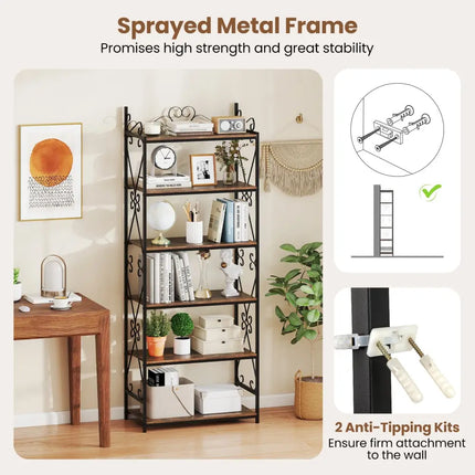 6-Tier Bookshelf Industrial Bookcase with 2 Anti-Tipping Kits and Metal Frame-Rustic Brown - Rustic Brown - Bookcases