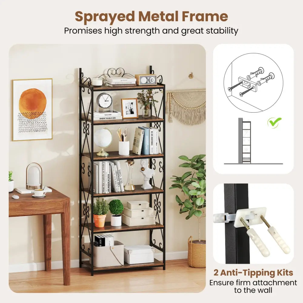 6-Tier Bookshelf Industrial Bookcase with 2 Anti-Tipping Kits and Metal Frame-Rustic Brown - Rustic Brown - Bookcases