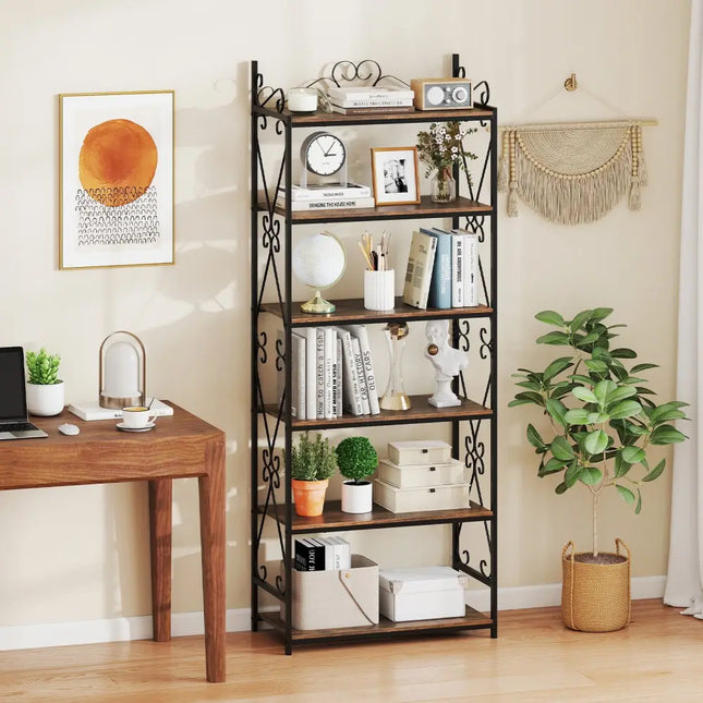 6-Tier Bookshelf Industrial Bookcase with 2 Anti-Tipping Kits and Metal Frame-Rustic Brown - Rustic Brown - Bookcases