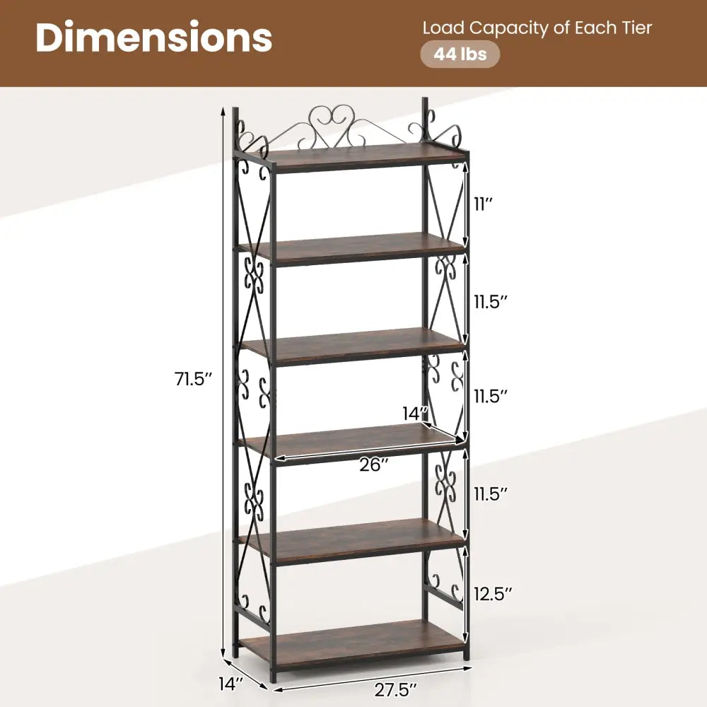6-Tier Bookshelf Industrial Bookcase with 2 Anti-Tipping Kits and Metal Frame-Rustic Brown - Rustic Brown - Bookcases