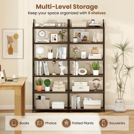 6-Tier Bookshelf Industrial Bookcase with 2 Anti-Tipping Kits and Metal Frame-Rustic Brown - Rustic Brown - Bookcases