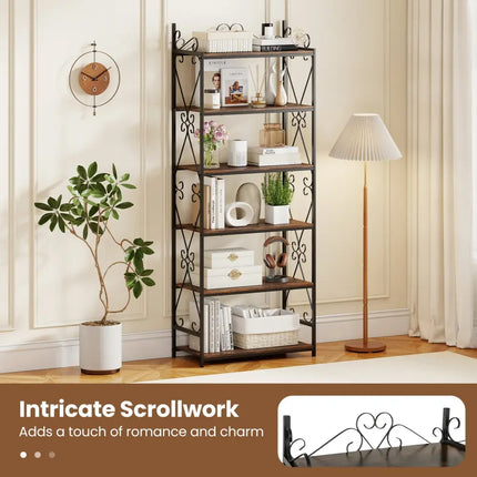 6-Tier Bookshelf Industrial Bookcase with 2 Anti-Tipping Kits and Metal Frame-Rustic Brown - Rustic Brown - Bookcases