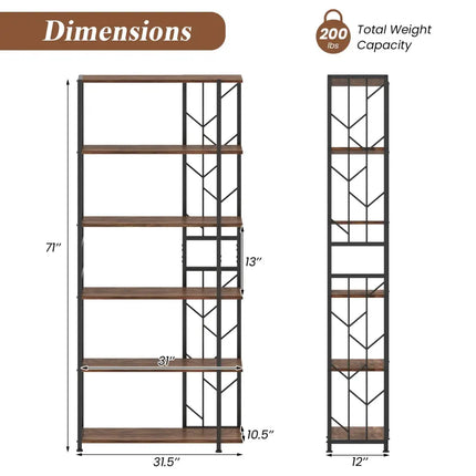 6-Tier Bookshelf Modern Geometric Bookcase with Heavy-duty Metal Frame and Anti-tipping Kits-Rustic Brown - Rustic