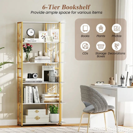 6-Tier Bookshelf Modern Geometric Bookcase with Heavy-duty Metal Frame and Anti-tipping Kits-White - White - Bookcases