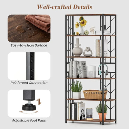 6-Tier Bookshelf Modern Geometric Bookcase with Heavy-duty Metal Frame and Anti-tipping Kits-Rustic Brown - Rustic