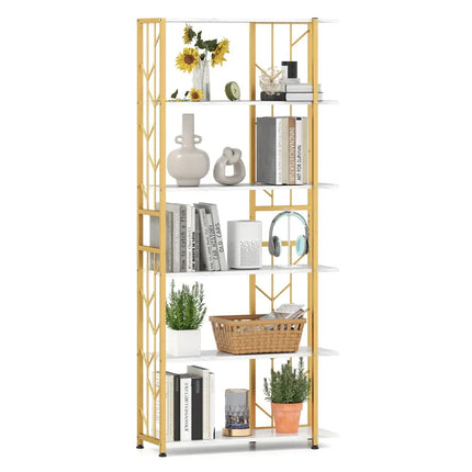6-Tier Bookshelf Modern Geometric Bookcase with Heavy-duty Metal Frame and Anti-tipping Kits-White - White - Bookcases