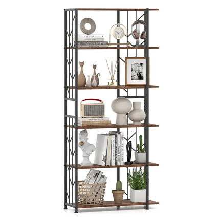 6-Tier Bookshelf Modern Geometric Bookcase with Heavy-duty Metal Frame and Anti-tipping Kits-Rustic Brown - Rustic