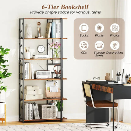 6-Tier Bookshelf Modern Geometric Bookcase with Heavy-duty Metal Frame and Anti-tipping Kits-Rustic Brown - Rustic