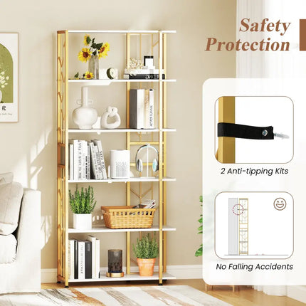 6-Tier Bookshelf Modern Geometric Bookcase with Heavy-duty Metal Frame and Anti-tipping Kits-White - White - Bookcases