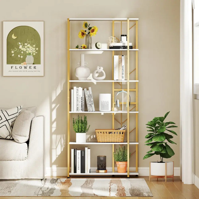 6-Tier Bookshelf Modern Geometric Bookcase with Heavy-duty Metal Frame and Anti-tipping Kits-White - White - Bookcases